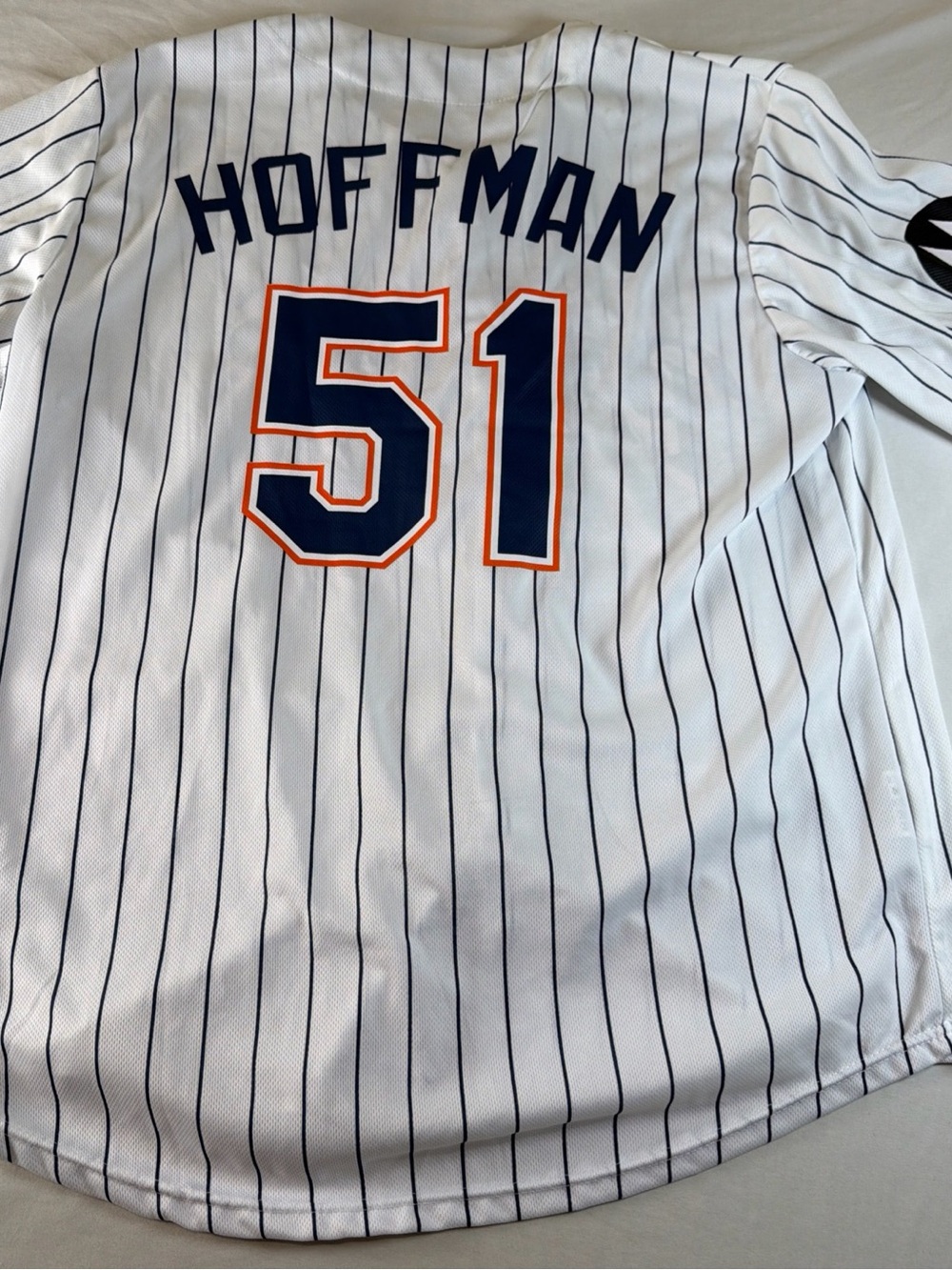 Men's Pinstripe Baseball Jersey in White/Navy with Orange Trim